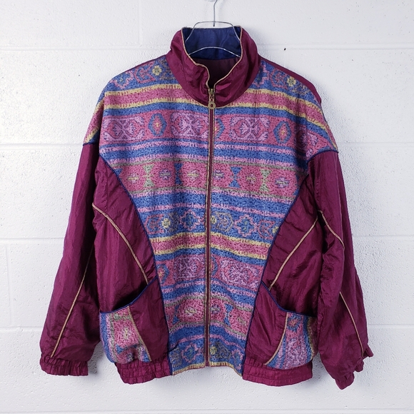 Vintage 80s Boho‎ Track Suit Swishy Purple Floral Geometric Pattern Medium - Picture 2 of 14